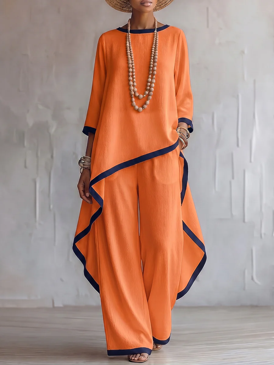 【Buy 2 Free Shipping】Stylish Cotton-linen Two-piece Set With Elegant Color-contrast Trim