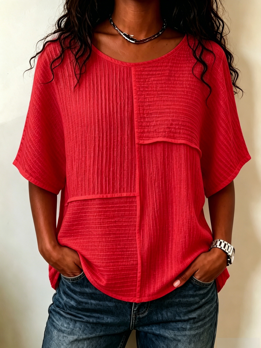 🔥CLEARANCE SALE🔥Women's Textured Patchwork Top with Round Neck and Short Sleeves