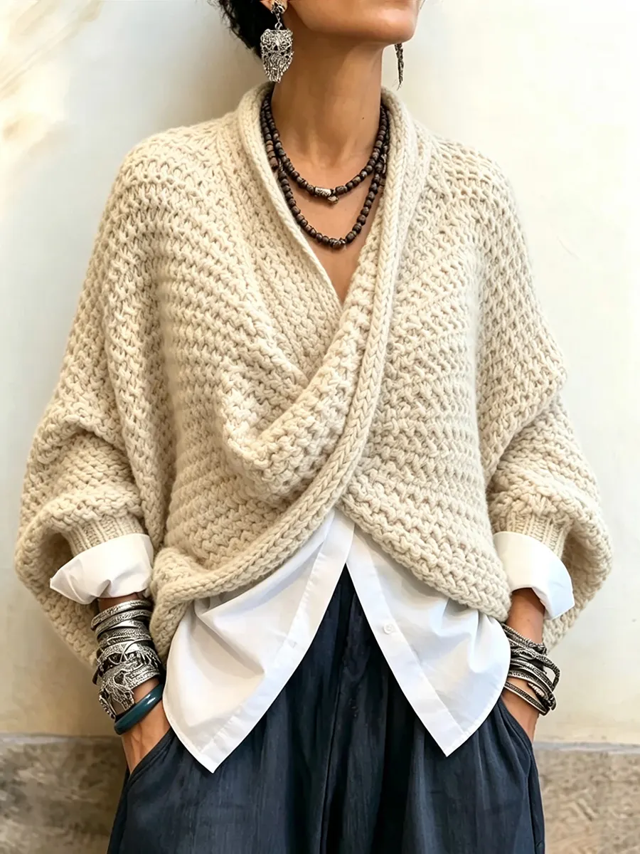 Cozy Relaxed Batwing Sleeves Crossover V-neck Sweater