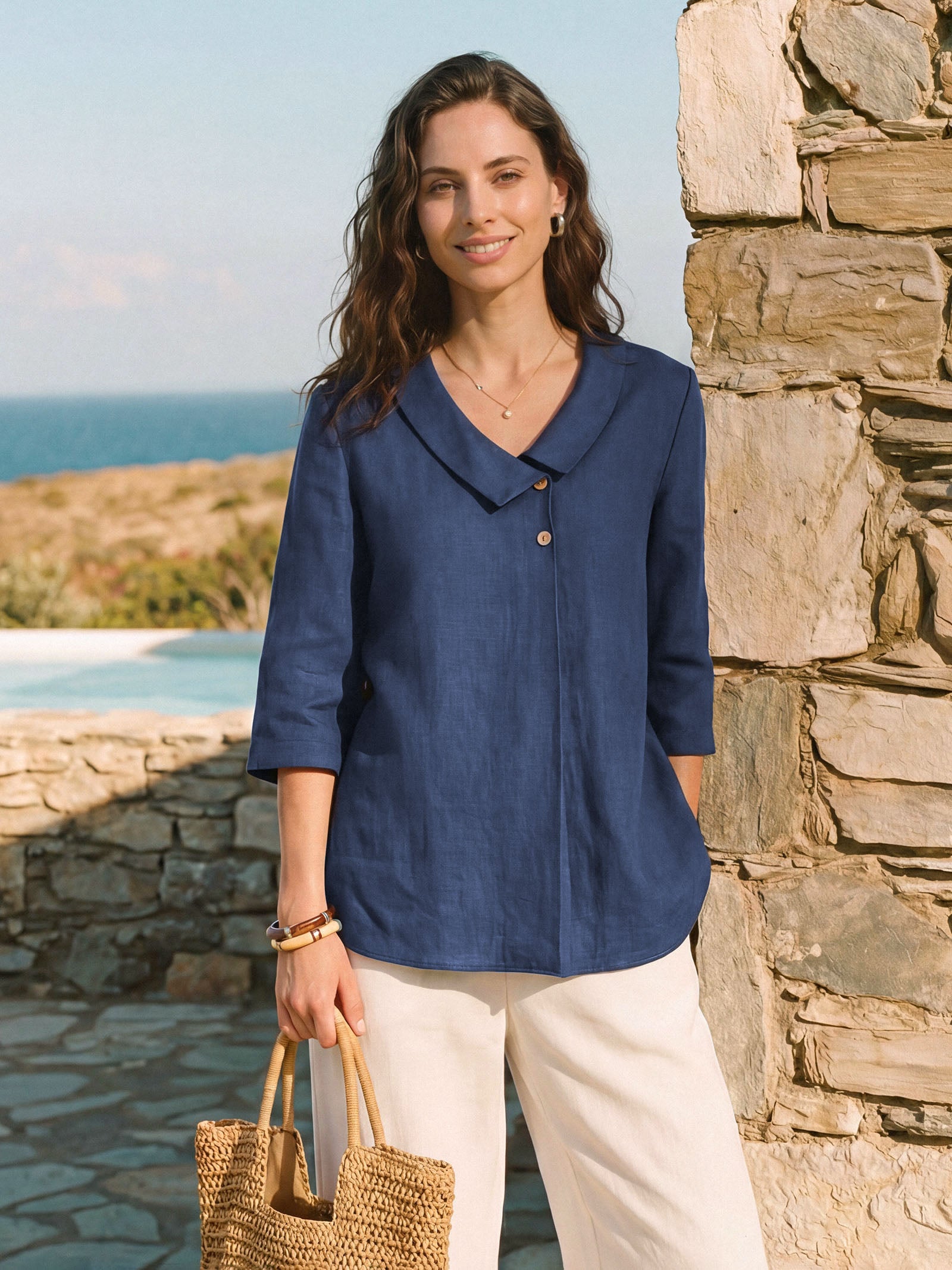 Women's 100% Linen Long-Sleeve Top with Asymmetric Neckline and Inverted Pleat