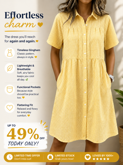 Today 49% off🔥Women’s Cotton Linen Gingham Button-Up Shirt Dress