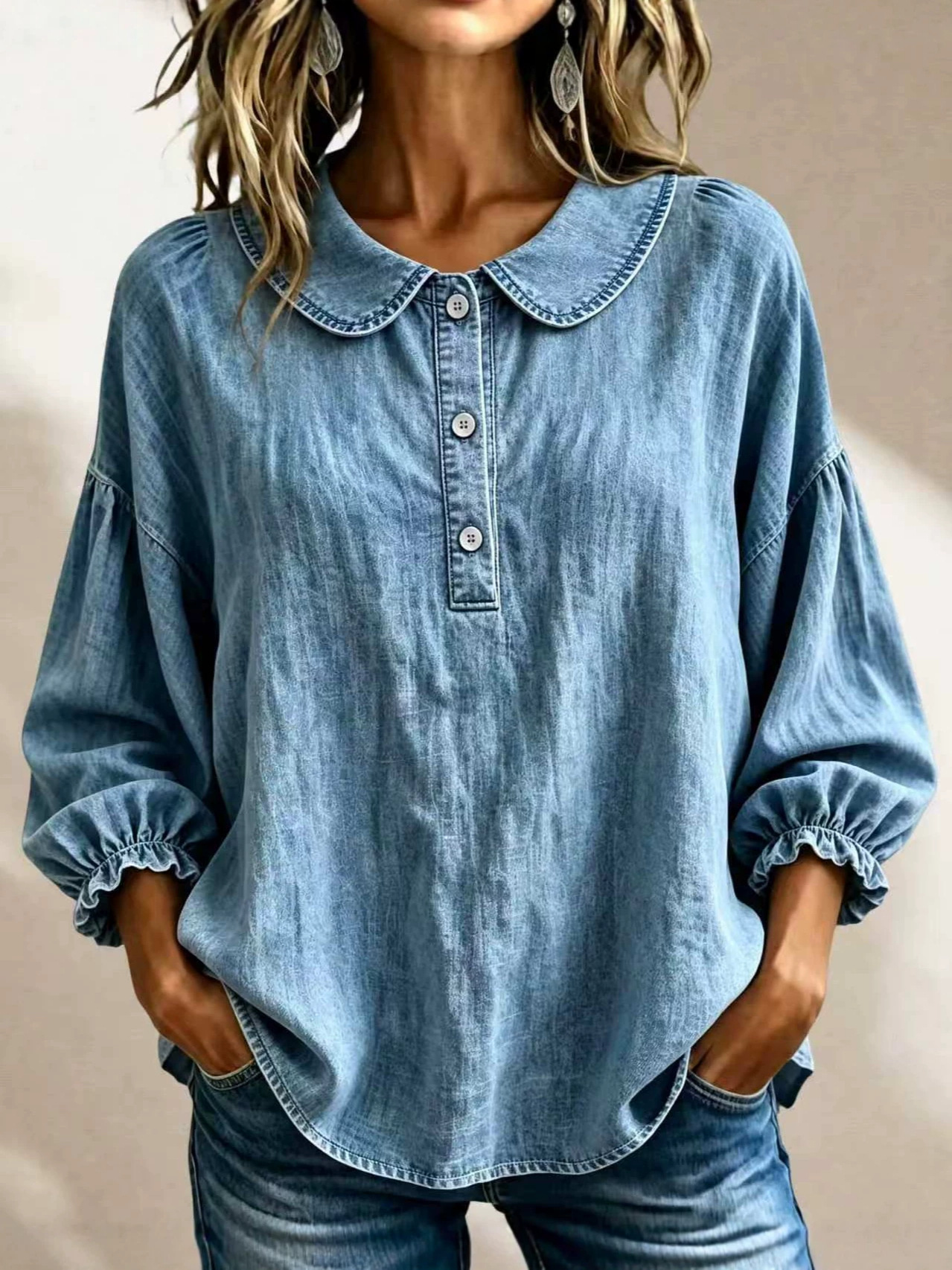 Today 49% off🔥Women’s Denim Square-Neck Three-Quarter Sleeve Top