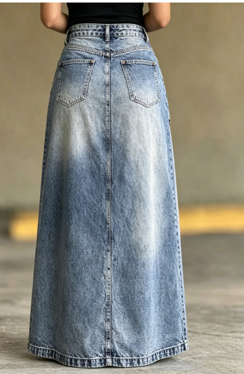 Women's Denim High Waisted Asymmetrical Slit Maxi Skirt