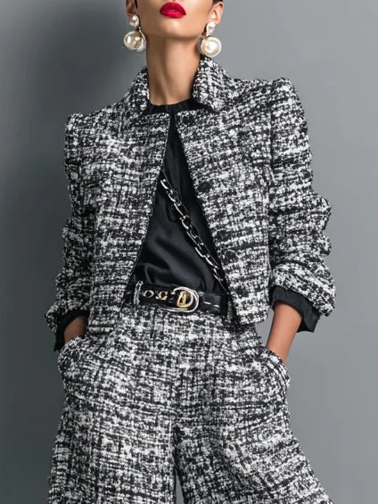 Tweed Cropped Jacket & High Waist Wide Leg Pants 2 Piece Set