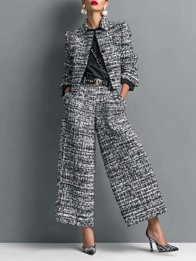 Tweed Cropped Jacket & High Waist Wide Leg Pants 2 Piece Set
