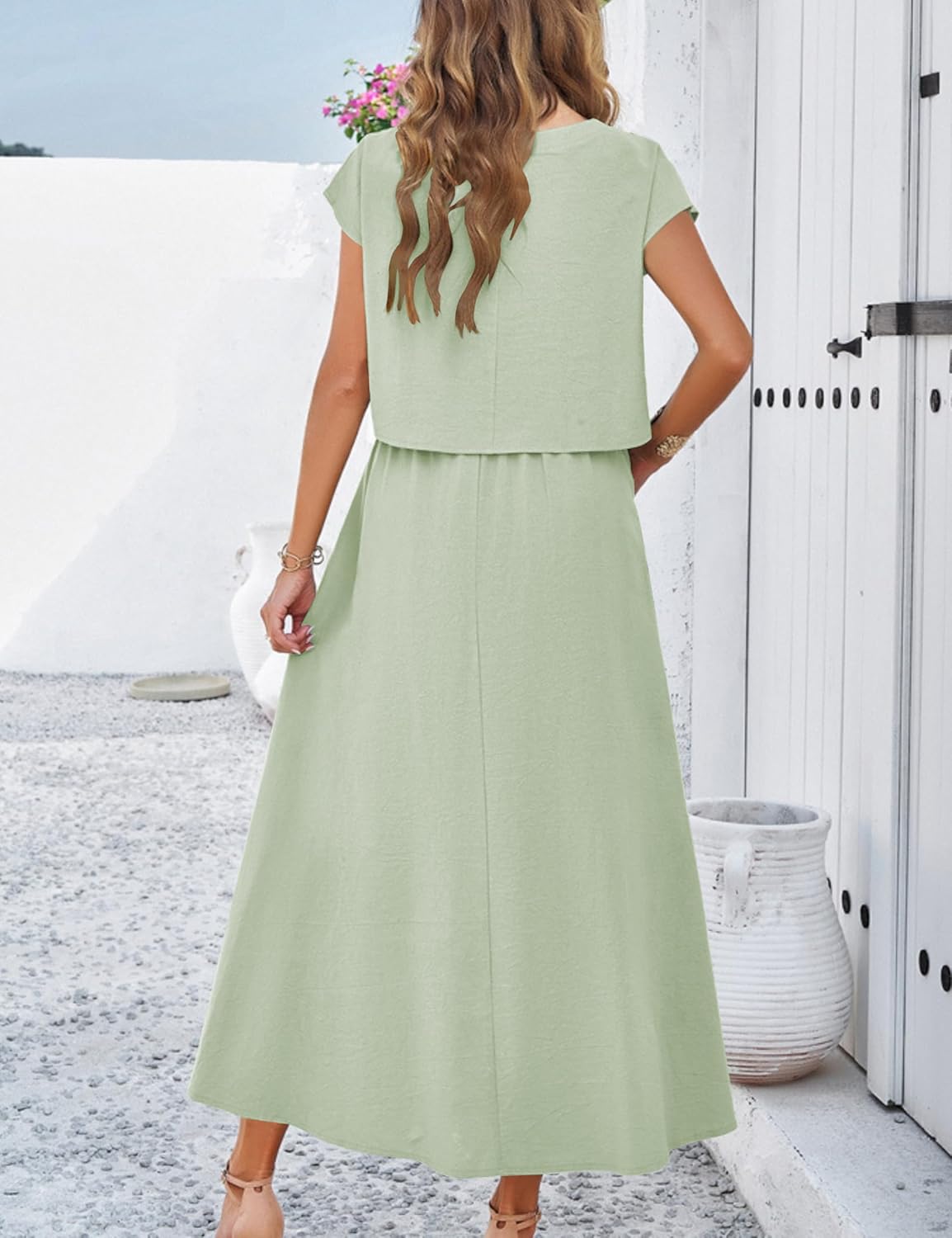 2025 Summer Skirt Sets Women 2 Piece Outfits Cap Sleeve Top Elastic Waist Maxi Dress Sets with Pockets