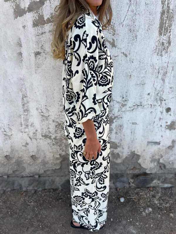 Women's Fashion Two Piece Printed Lapel Button-Down Shirt and Wide-Leg Pants Set