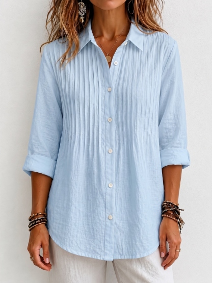 【Buy 2 Free Shipping】New Arrival 🔥 Women's Solid-color Casual Pleated Cotton-linen Shirt