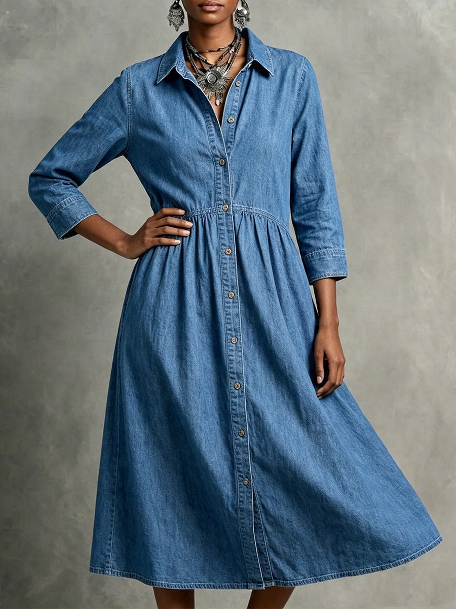【Buy 2 Free Shipping】CLEARANCE🔥 Vintage-Inspired Button Front Denim Midi Dress