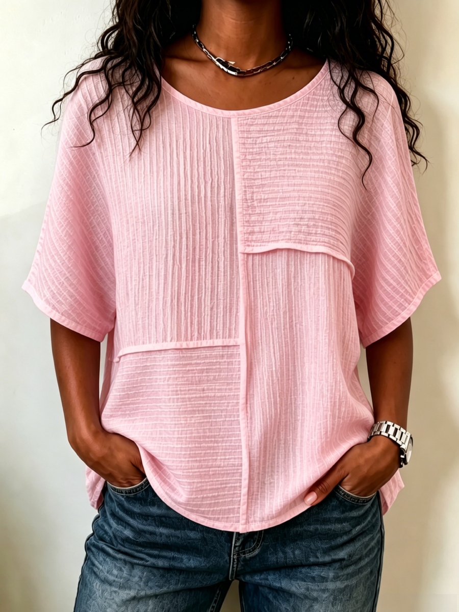 🔥CLEARANCE SALE🔥Women's Textured Patchwork Top with Round Neck and Short Sleeves