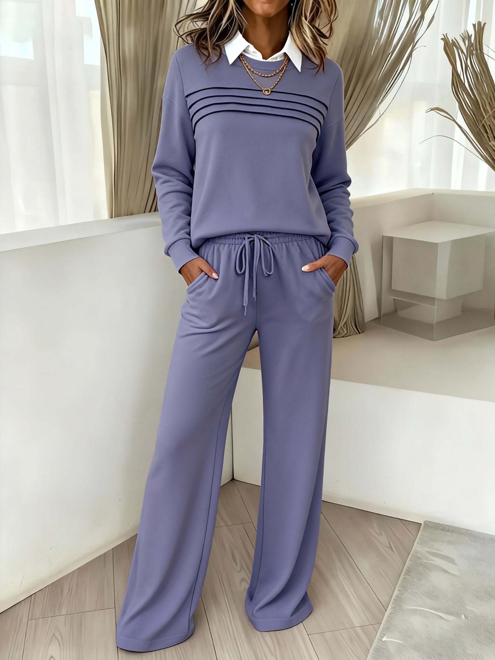 Women's Crew Neck Lounge Set - Soft Cotton Top & Drawstring Pants