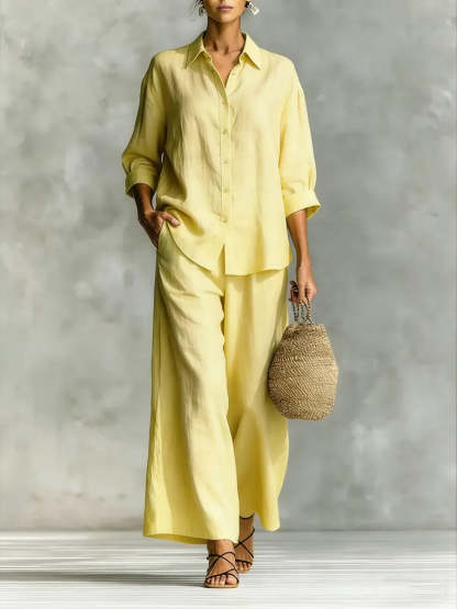Women's Simple Cotton And Linen Shirt Set