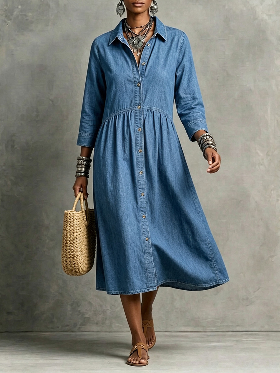 【Buy 2 Free Shipping】CLEARANCE🔥 Vintage-Inspired Button Front Denim Midi Dress