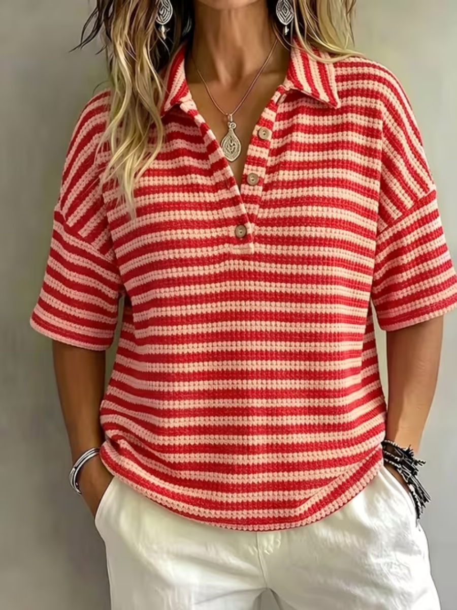 New Arrival 🔥Women'S Fashion Striped Waffle Short-Sleeved Polo Shirt