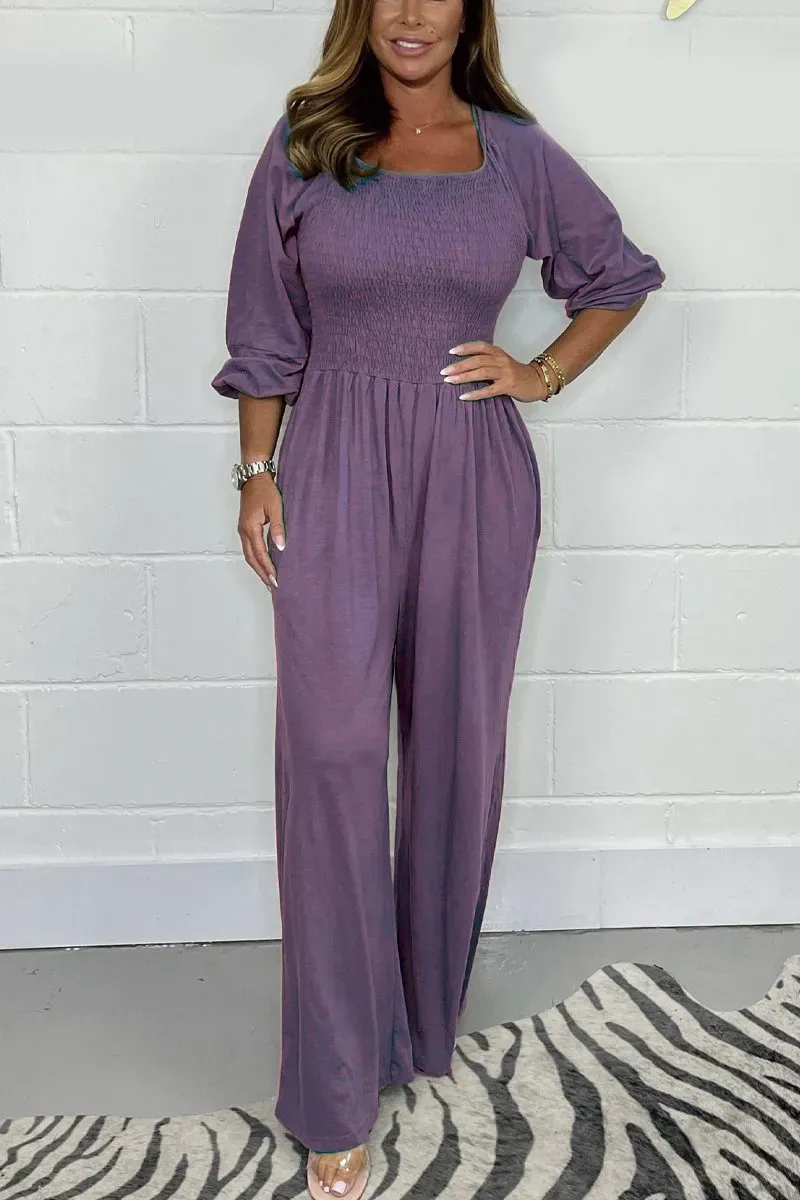 CLEARANCE🔥 Solid Color Long Sleeve Elastic Waist Wide Leg Jumpsuit