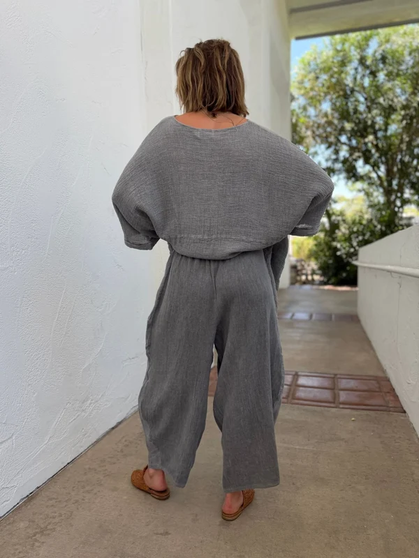 Women's Plum Linen Cotton 3/4 Sleeve Top & Balloon Wide Leg Pants Two Piece Set