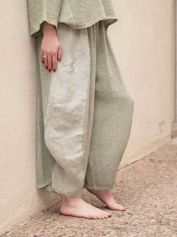 Women's Plum Linen Cotton 3/4 Sleeve Top & Balloon Wide Leg Pants Two Piece Set