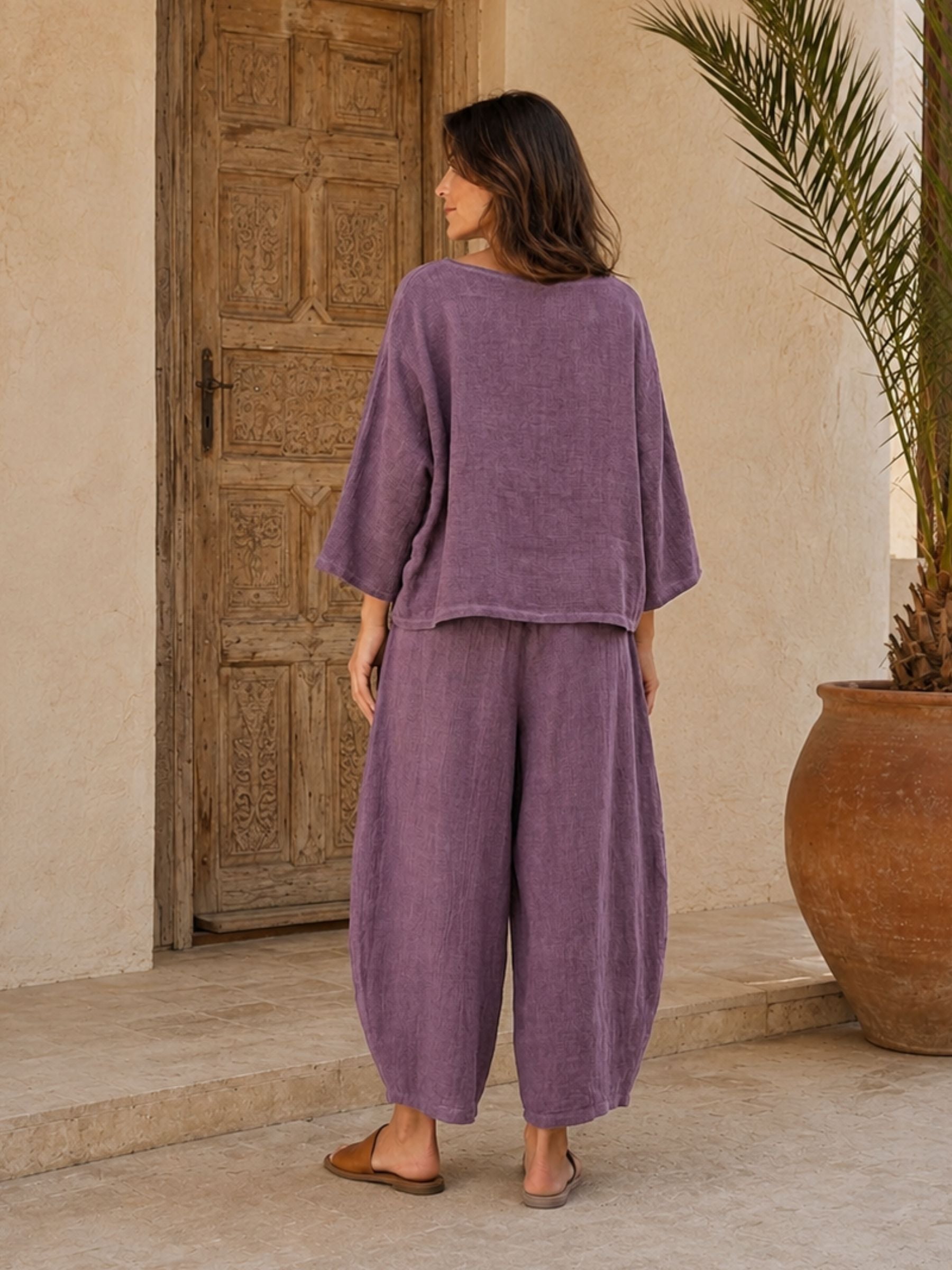 Women's Plum Linen Cotton 3/4 Sleeve Top & Balloon Wide Leg Pants Two Piece Set