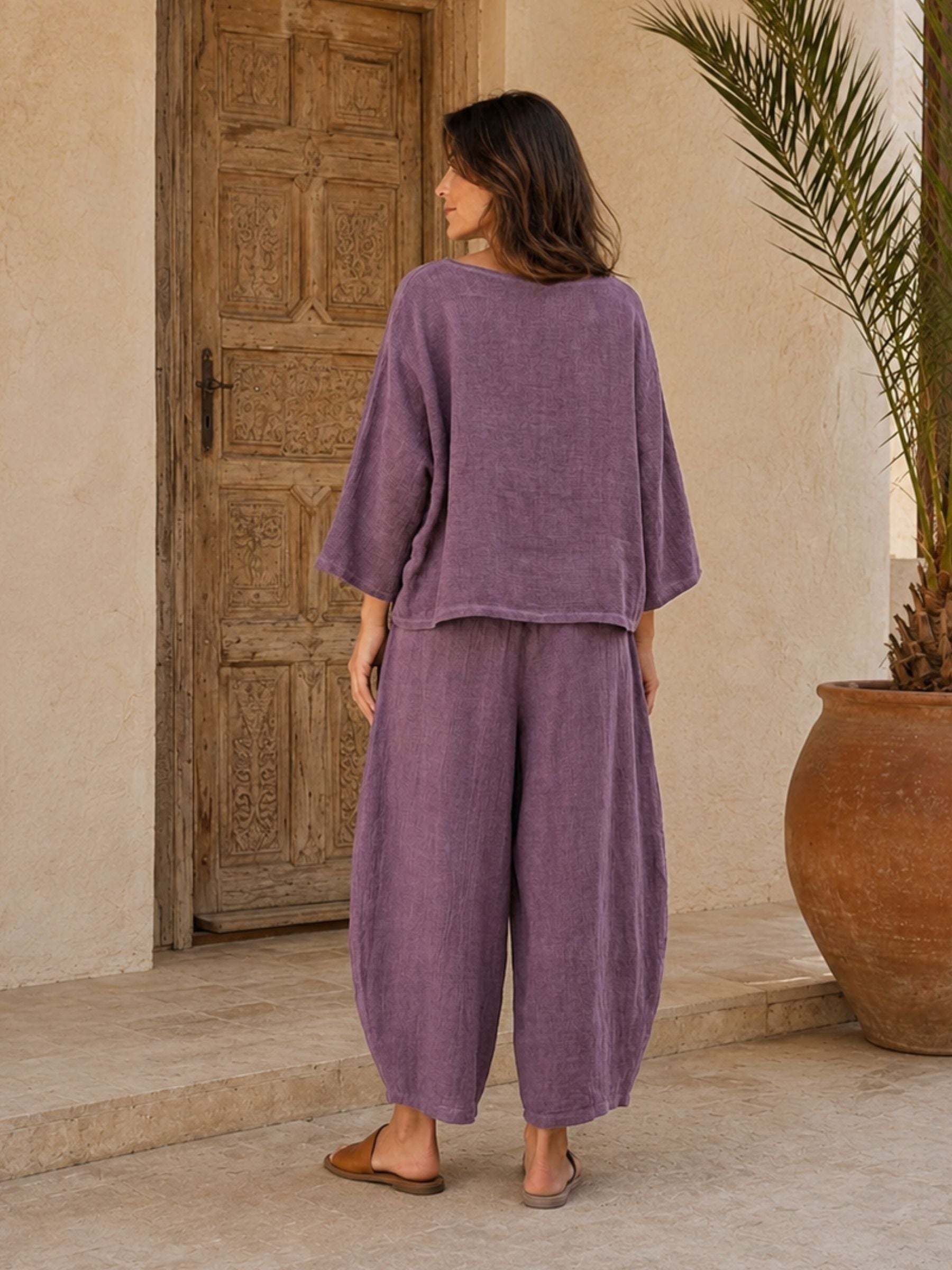 Women's Plum Linen Cotton 3/4 Sleeve Top & Balloon Wide Leg Pants Two Piece Set