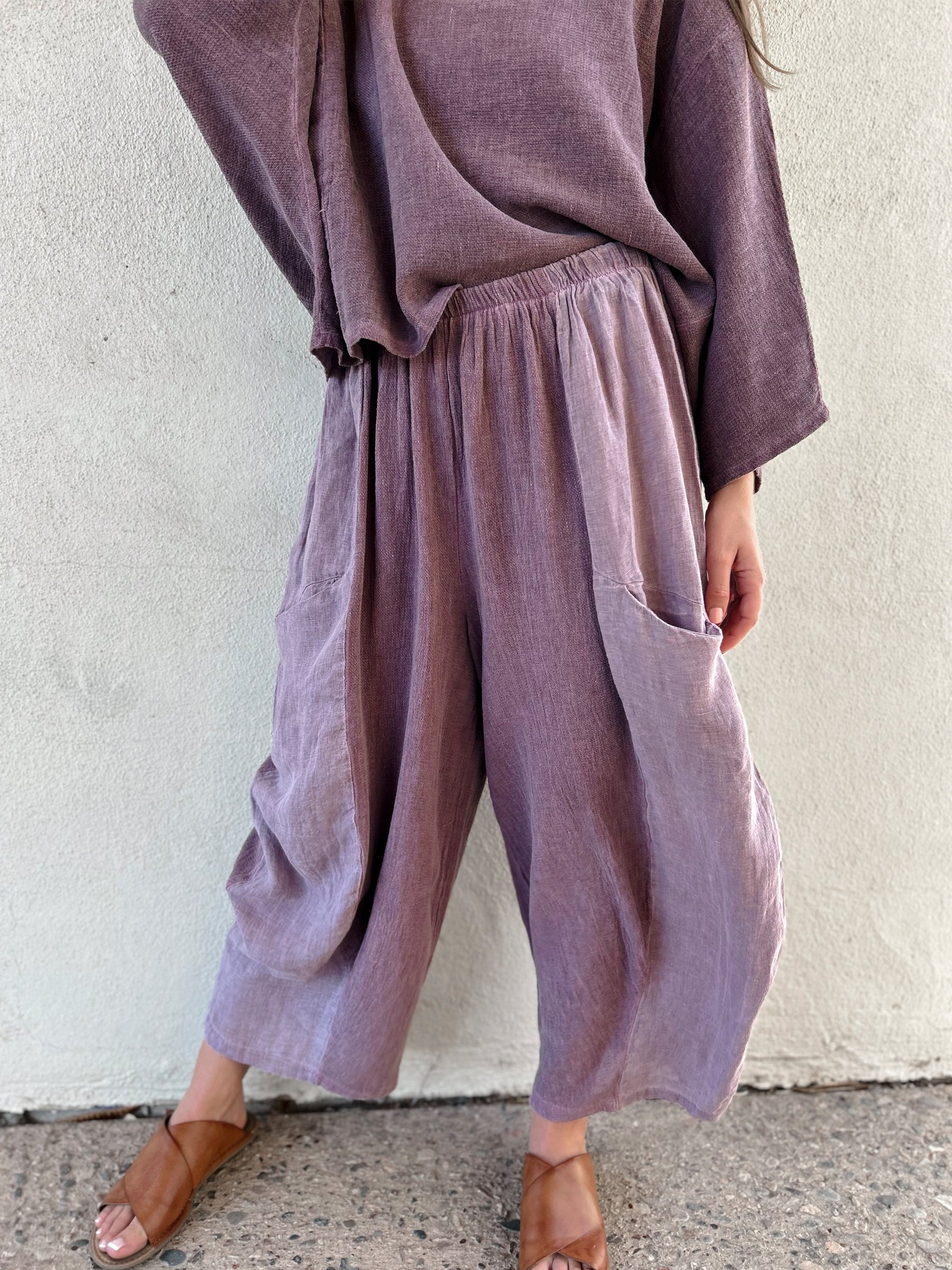 Women's Plum Linen Cotton 3/4 Sleeve Top & Balloon Wide Leg Pants Two Piece Set