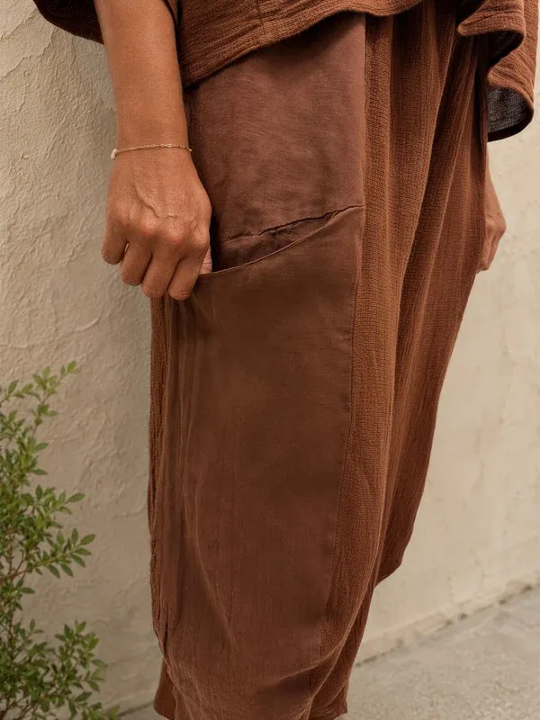 Women's Plum Linen Cotton 3/4 Sleeve Top & Balloon Wide Leg Pants Two Piece Set