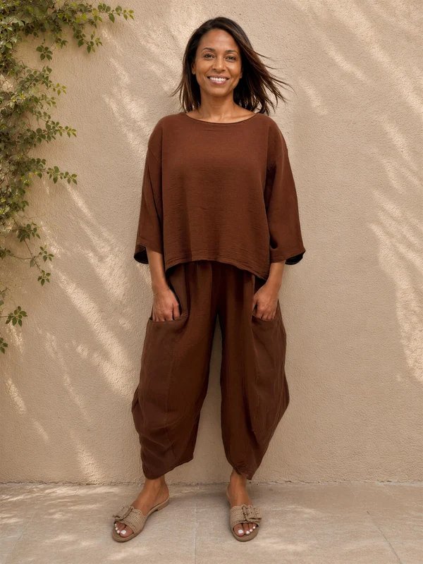Women's Plum Linen Cotton 3/4 Sleeve Top & Balloon Wide Leg Pants Two Piece Set