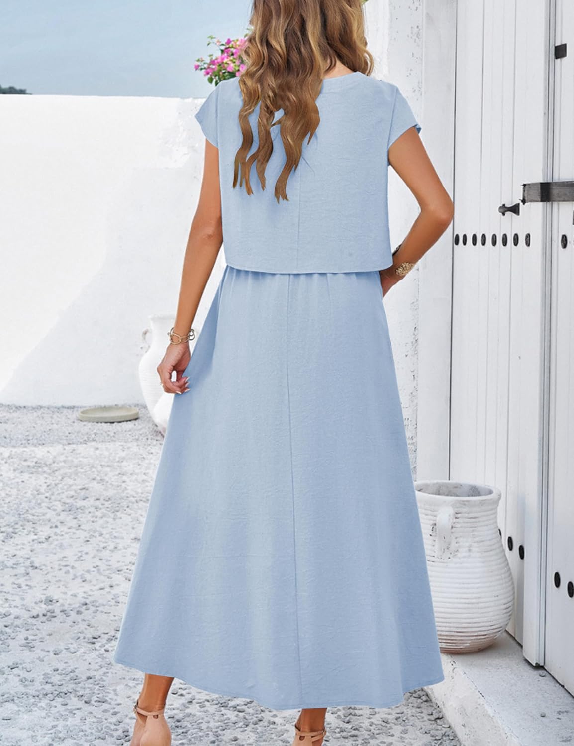 2025 Summer Skirt Sets Women 2 Piece Outfits Cap Sleeve Top Elastic Waist Maxi Dress Sets with Pockets