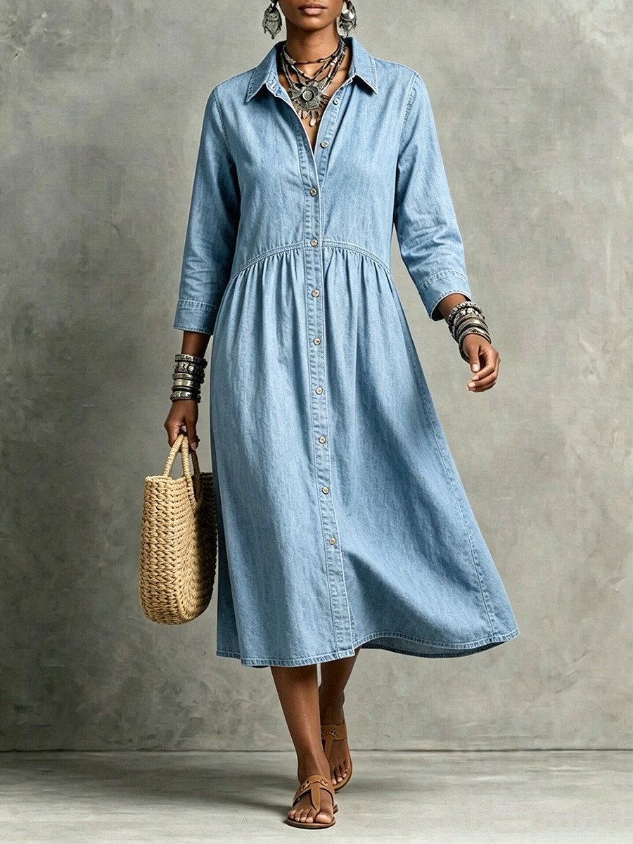 【Buy 2 Free Shipping】CLEARANCE🔥 Vintage-Inspired Button Front Denim Midi Dress