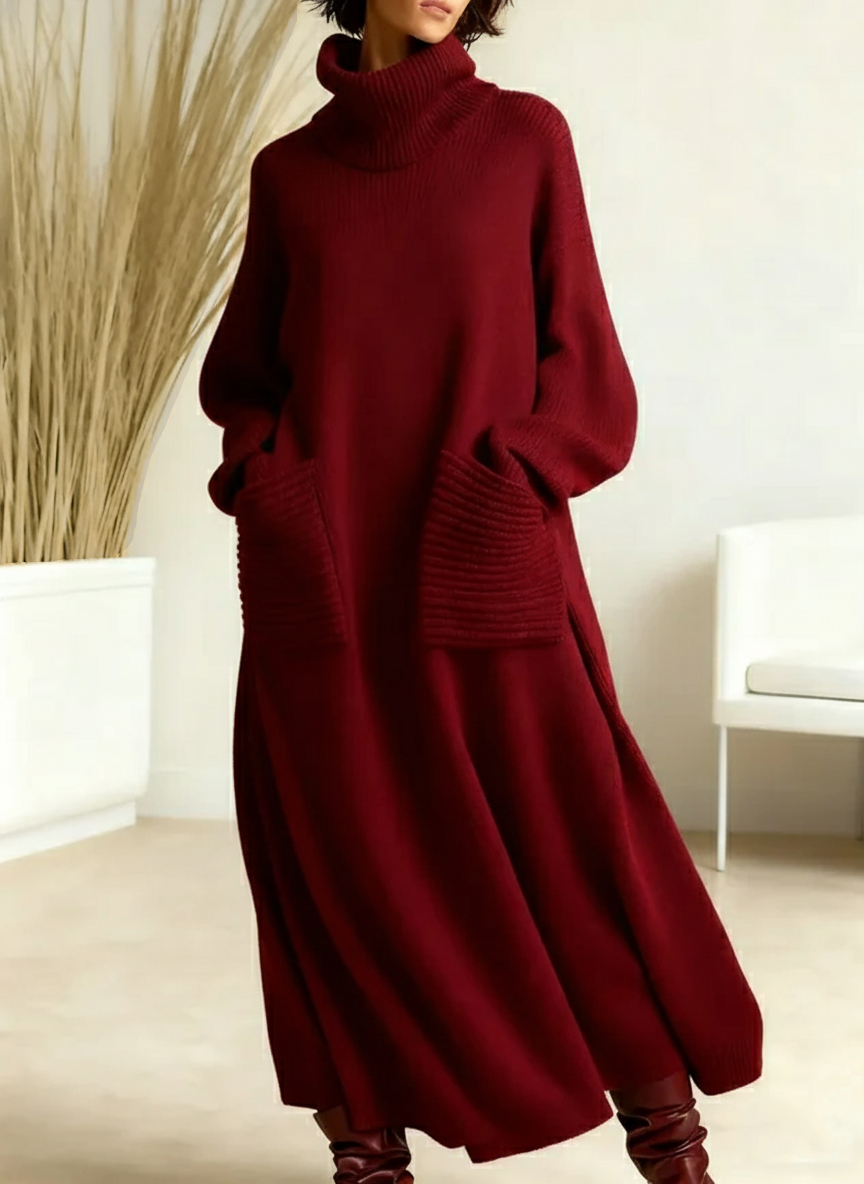 🎄 New Arrivals🔥 Women's Solid Color High-Neck Long-Sleeve Casual Loose Knit Dress