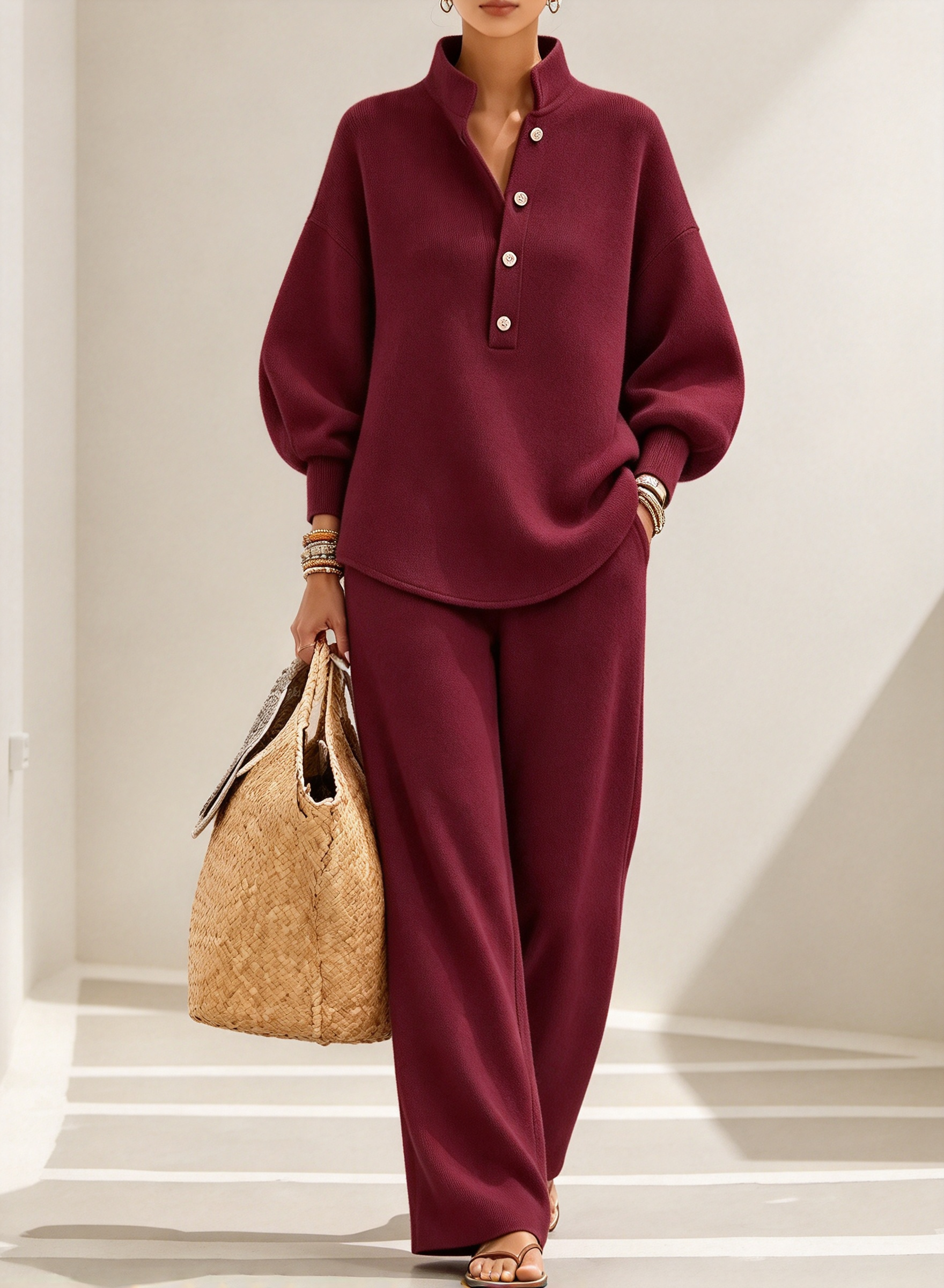 Women's Stand Collar Button Loose Sweatshirt Wide Leg Pants 2 Piece Casual Outfit Set
