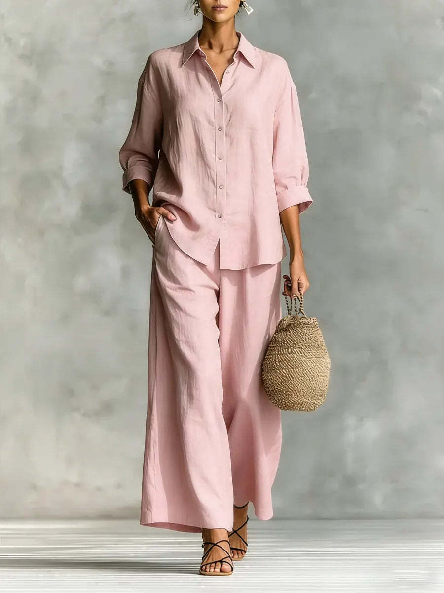 Women's Simple Cotton And Linen Shirt Set
