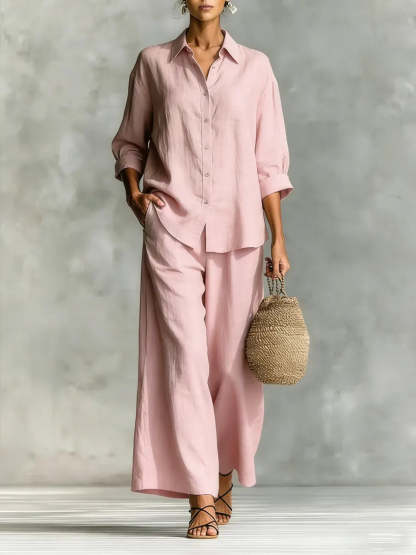 Women's Simple Cotton And Linen Shirt Set
