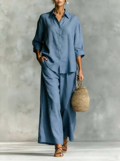Women's Simple Cotton And Linen Shirt Set