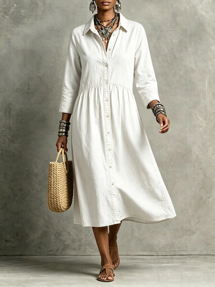 【Buy 2 Free Shipping】CLEARANCE🔥 Vintage-Inspired Button Front Denim Midi Dress