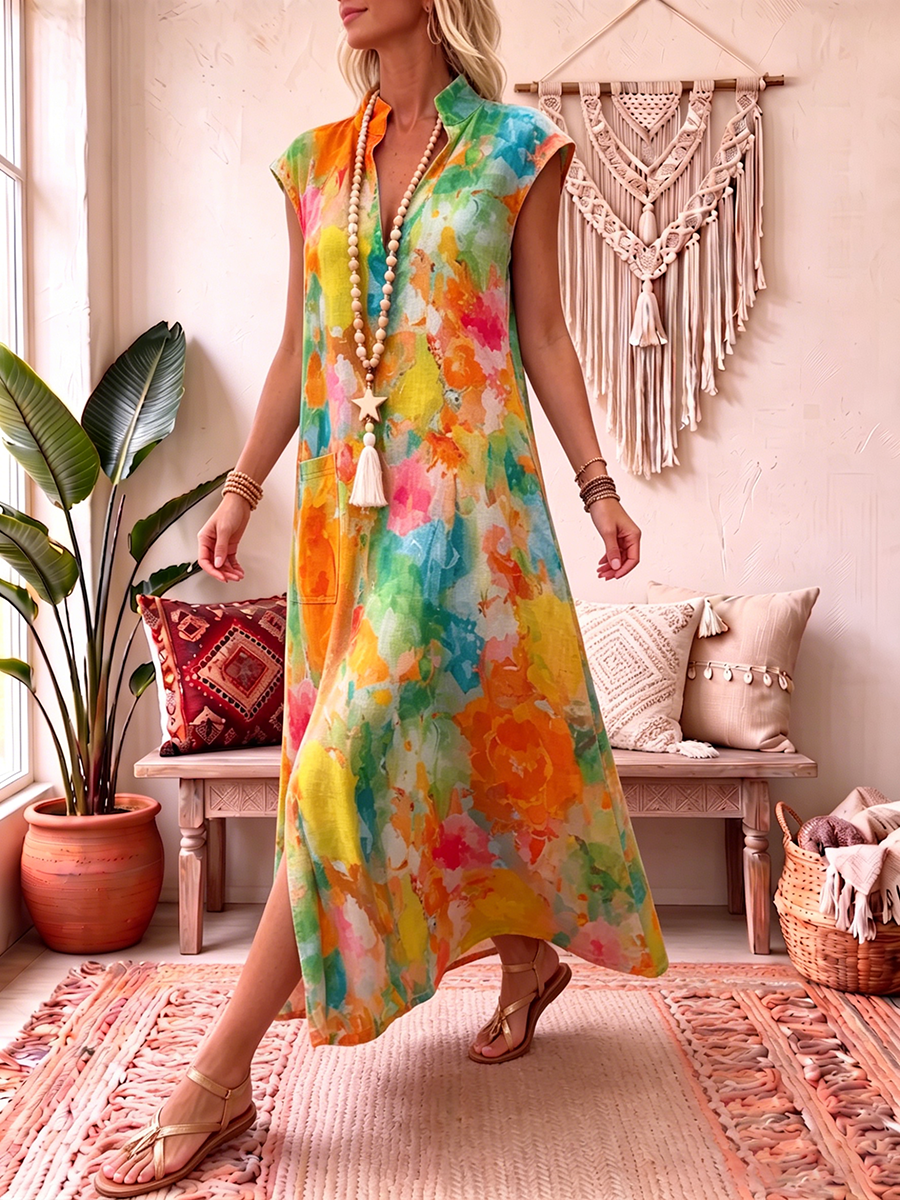 Artistic Watercolor Print Cotton-linen Dress