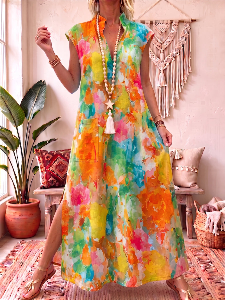 Artistic Watercolor Print Cotton-linen Dress
