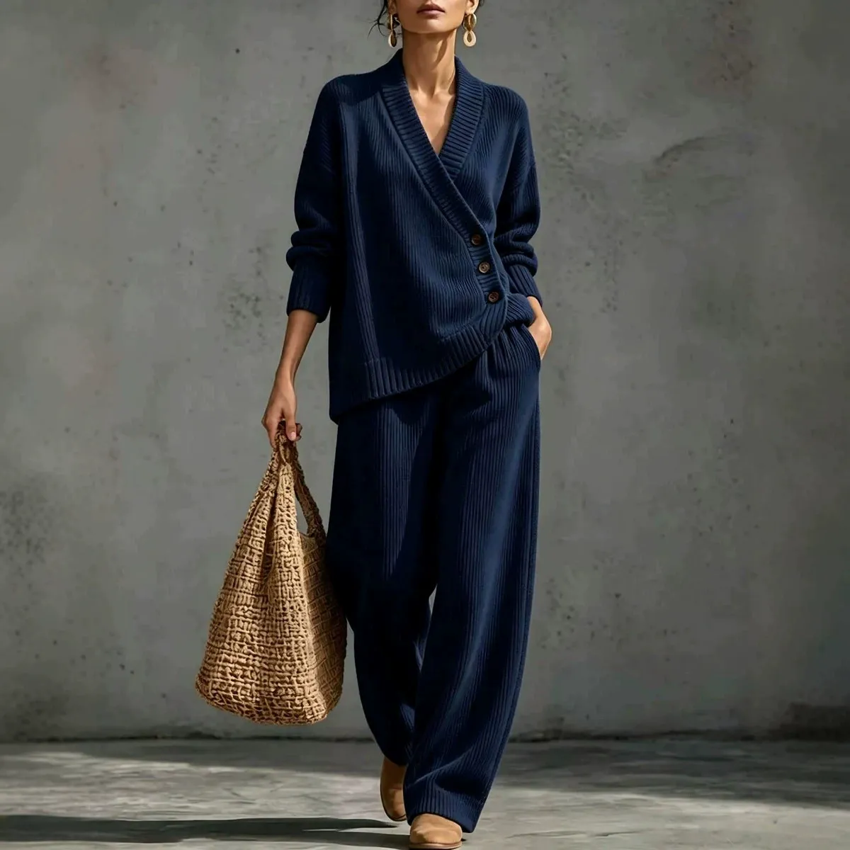 Women's Wrap V-Neck Knit Top & Wide Leg Pants Two Piece Loungewear Set