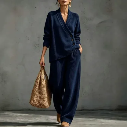 Women's Wrap V-Neck Knit Top & Wide Leg Pants Two Piece Loungewear Set