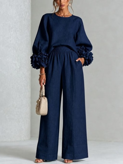 Women 3D Floral Cuff Linen Two‑Piece Outfit, Long Sleeve Blouse & Elastic Waist Wide Leg Pants Set