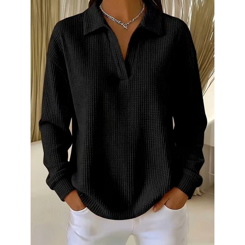 Women Oversized Polo Collar Waffle Blouse