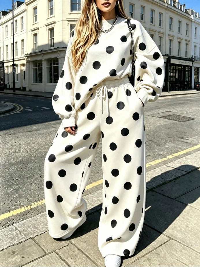 Women's Polka Dot Oversized Sweatshirt & Wide Leg Pants Two Piece Lounge Set