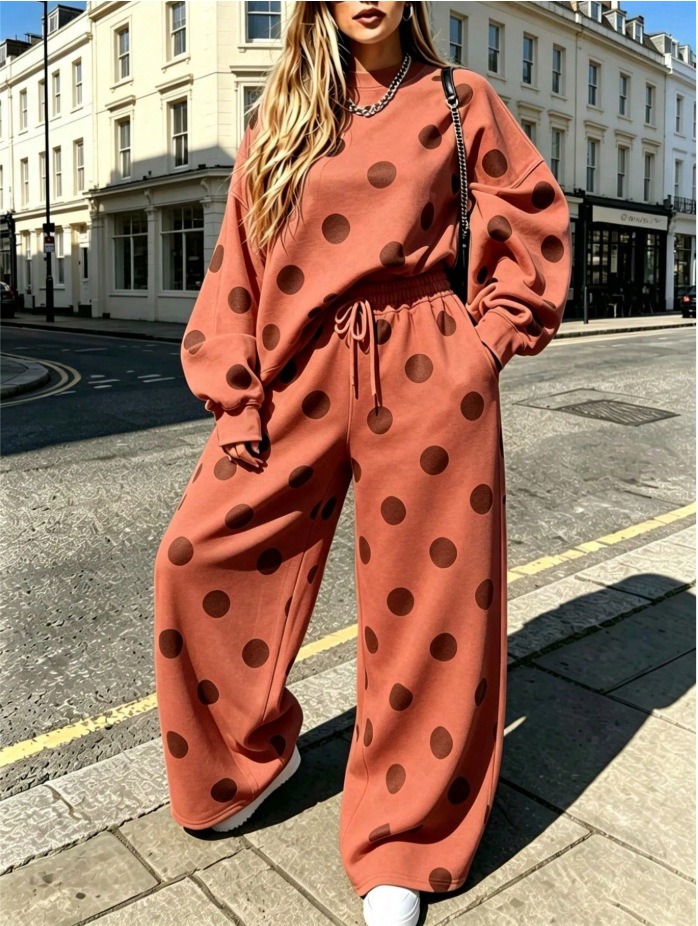 Women's Polka Dot Oversized Sweatshirt & Wide Leg Pants Two Piece Lounge Set