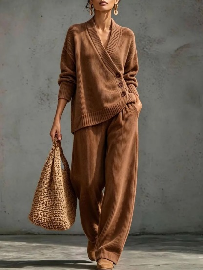 Women's Wrap V-Neck Knit Top & Wide Leg Pants Two Piece Loungewear Set