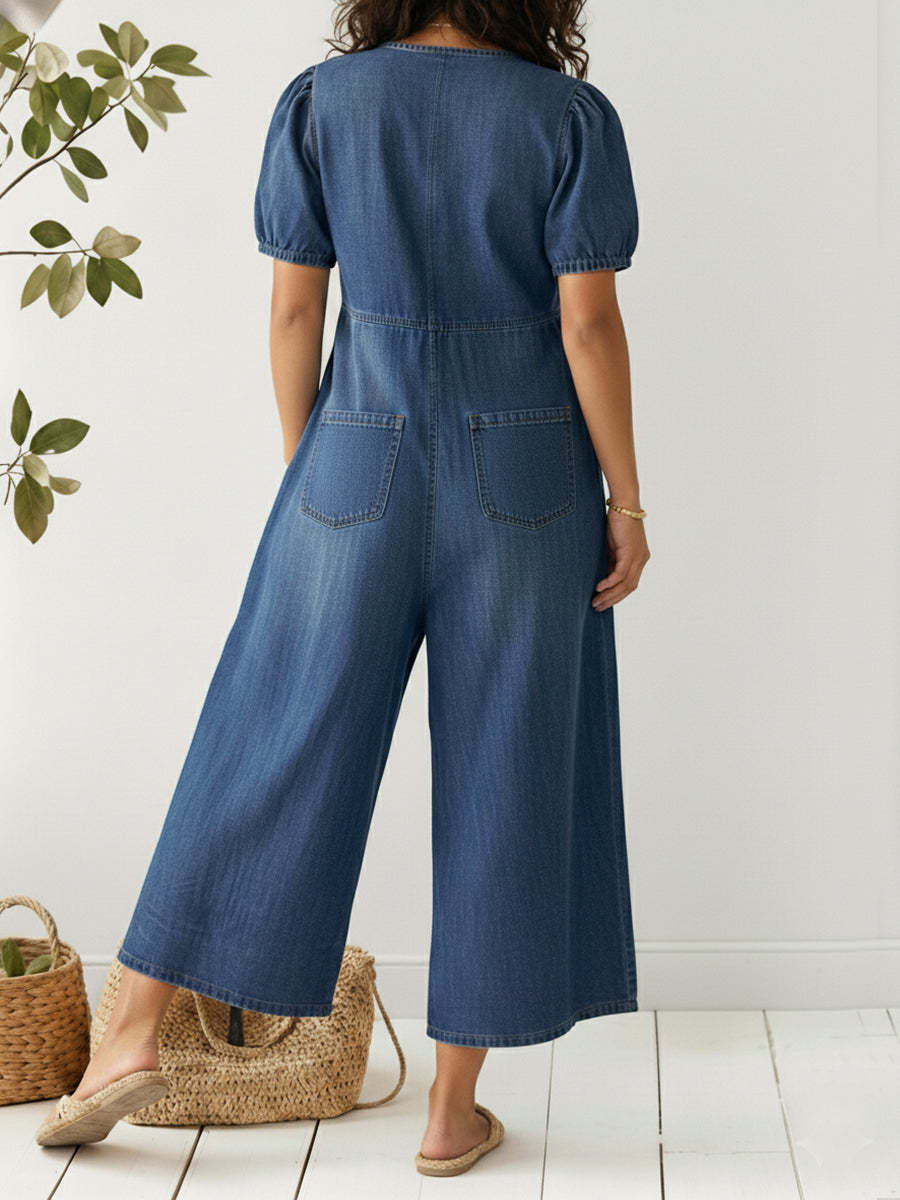 Women's Casual Loose Short-sleeved V-neck Denim Jumpsuit