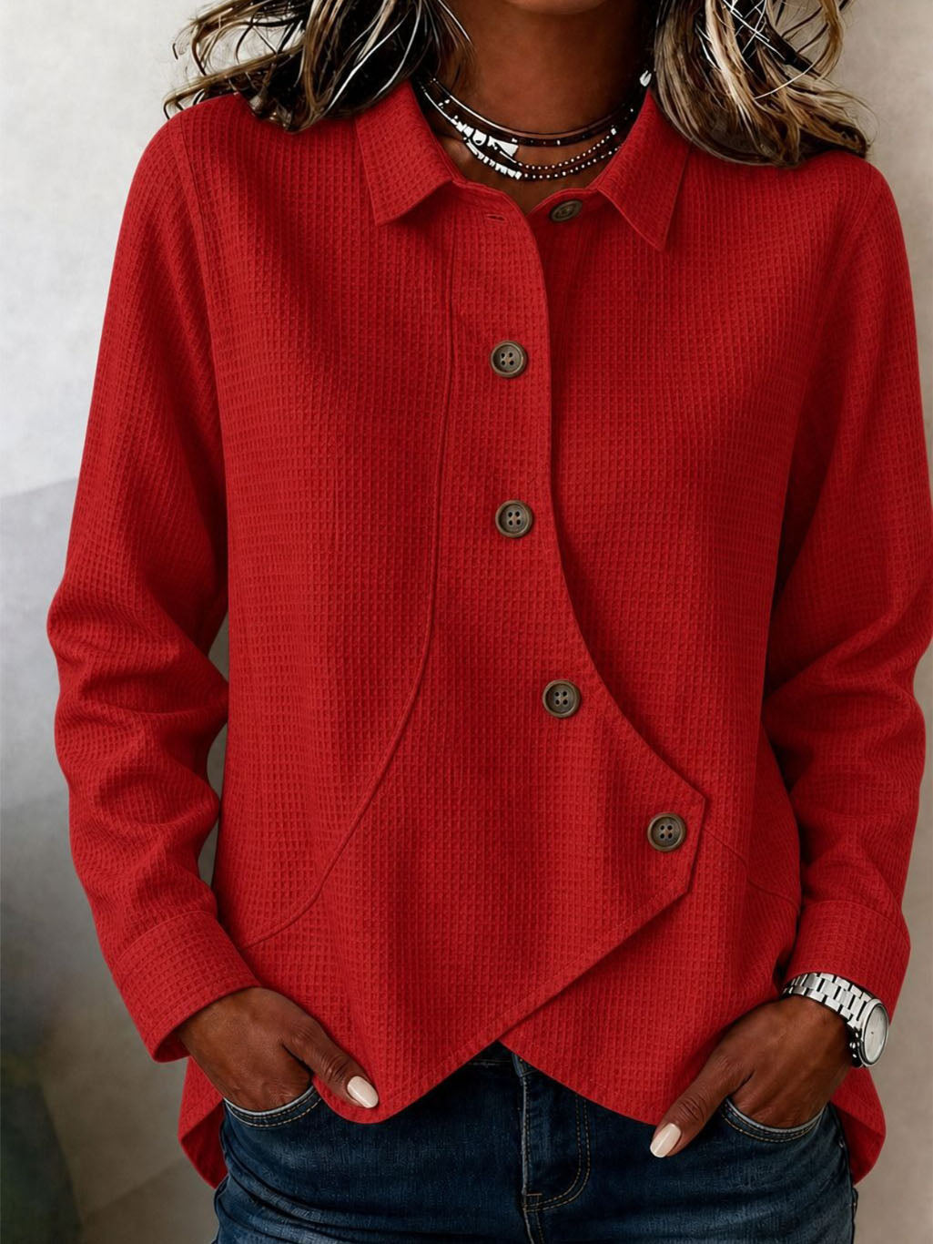 Chic Asymmetric Button-front Waffle-knit Blouse
