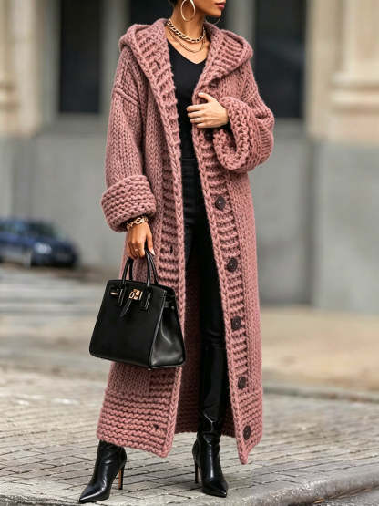 Casual, Relaxed-fit, Long, Chunky-knit Hooded Cardigan