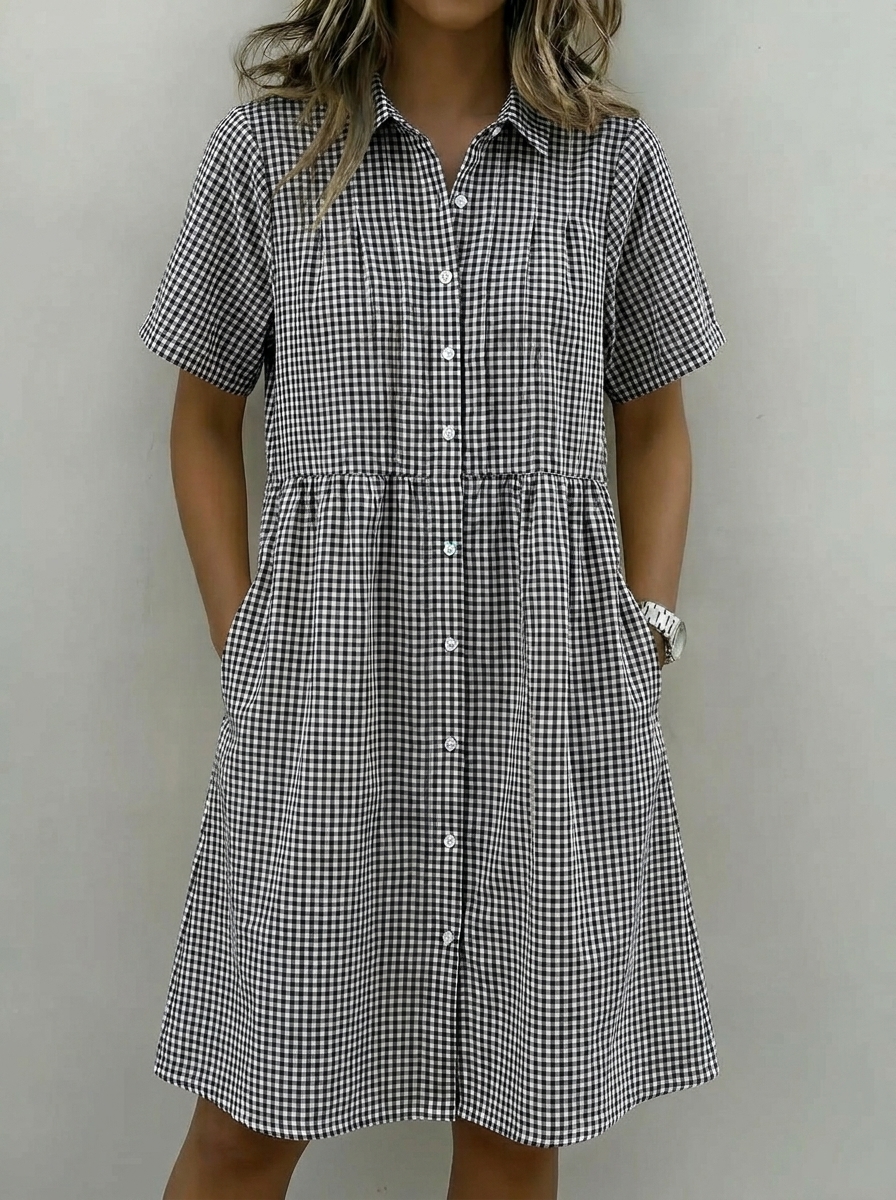 Today 49% off🔥Women’s Cotton Linen Gingham Button-Up Shirt Dress