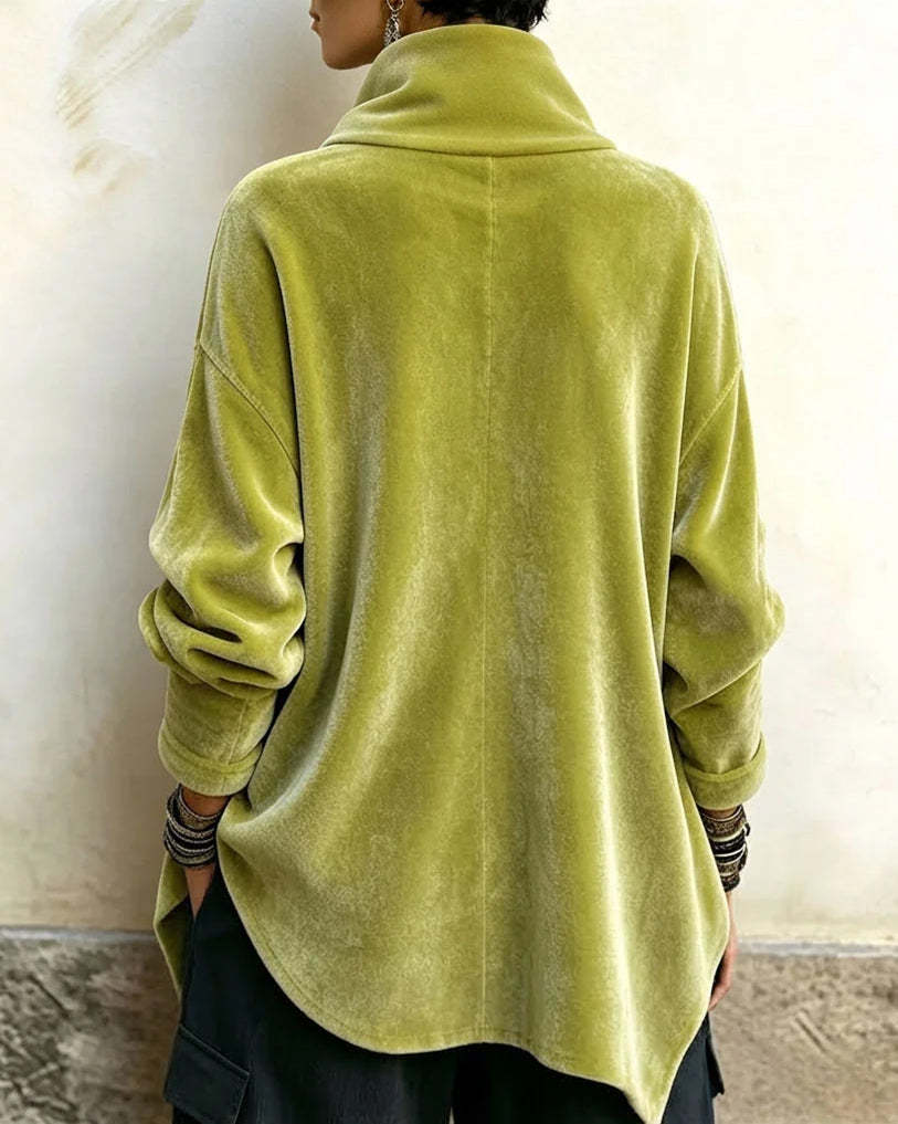 Women's Chic Velvet Asymmetric Button Turtleneck Top
