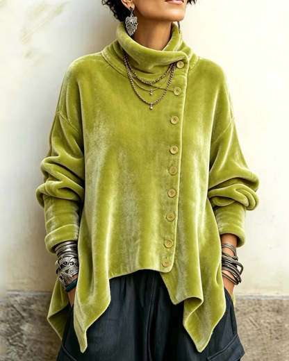 Women's Chic Velvet Asymmetric Button Turtleneck Top