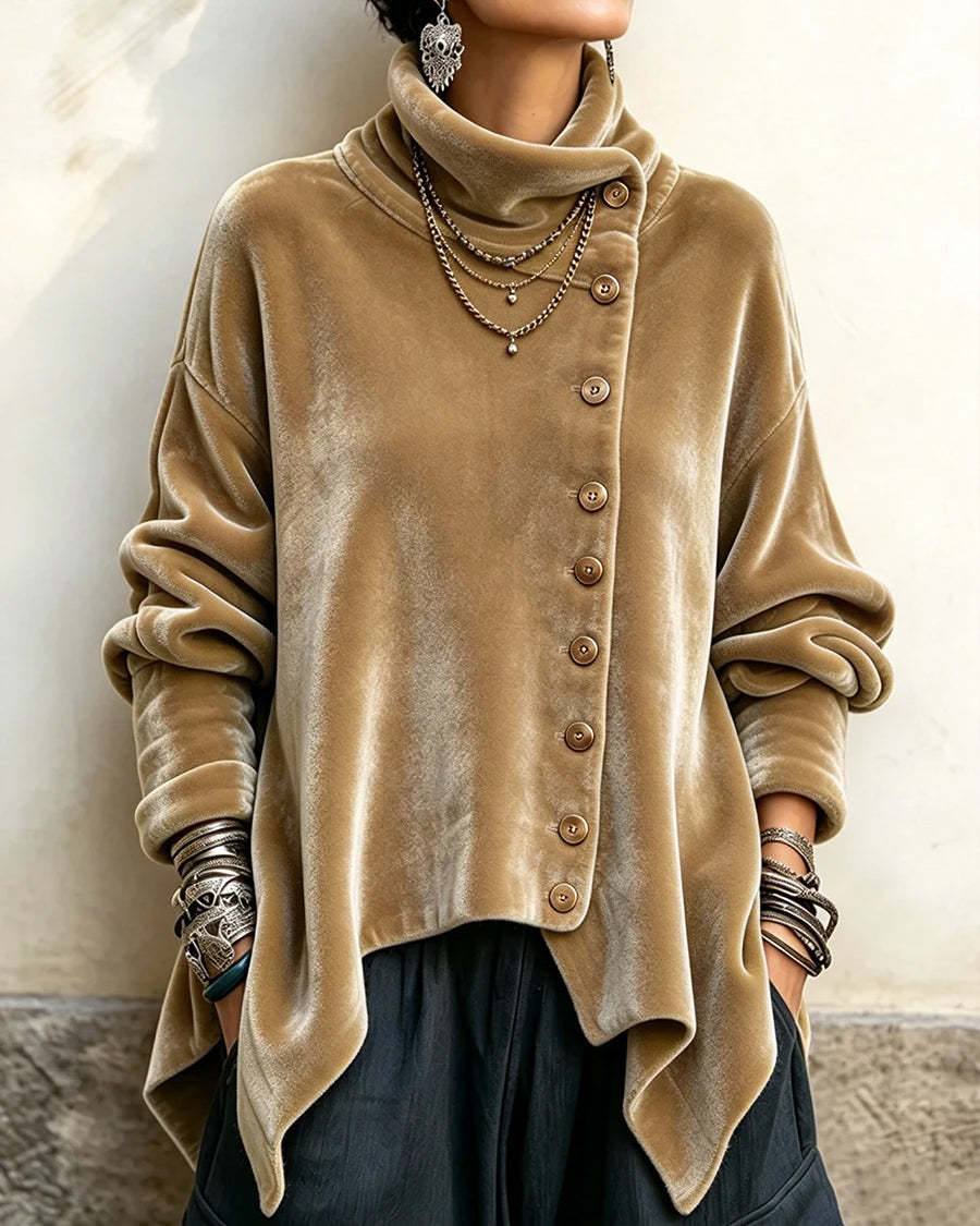 Women's Chic Velvet Asymmetric Button Turtleneck Top